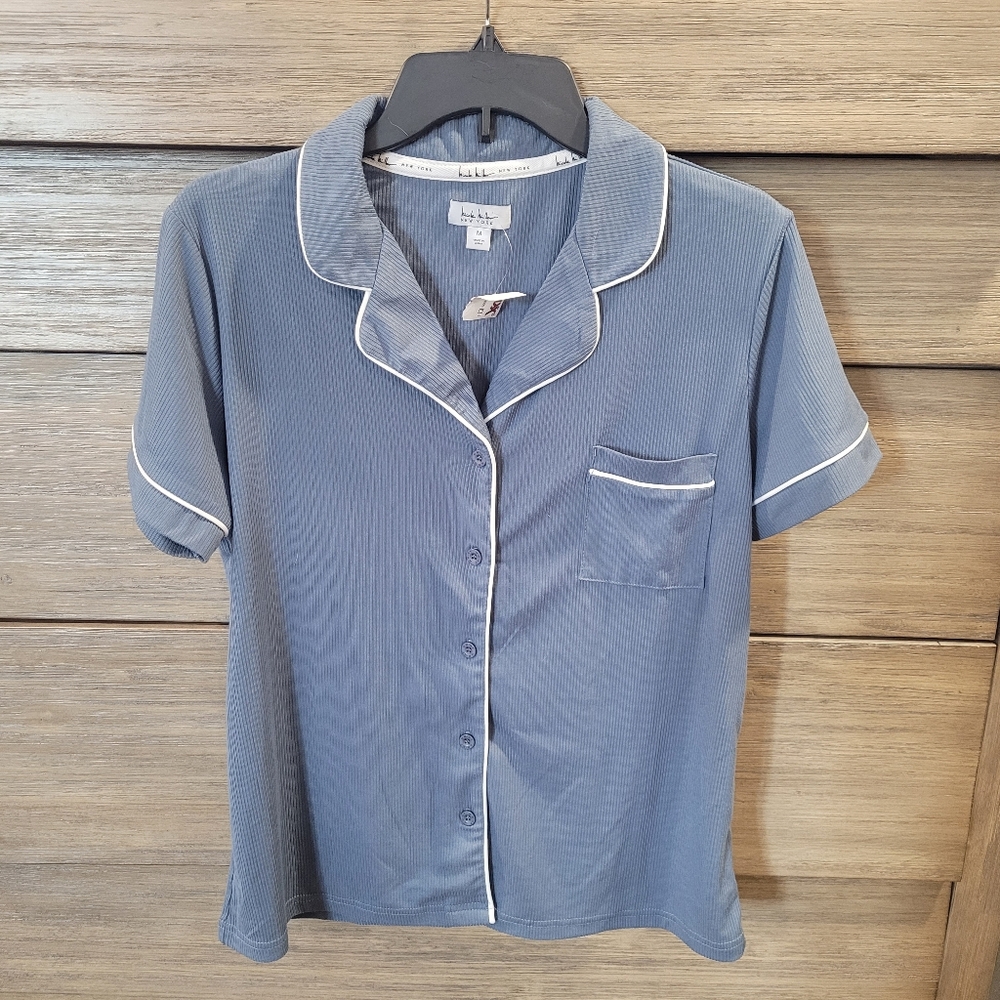 Blue Short Sleeve Button-Up Pajama Top
